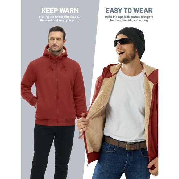 Mens Winter Hoodie Full Zip Fleece Sherpa Lined Warm Red Casual Sweatshirt - Picture 3 of 6